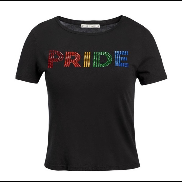 Alice + Olivia Black Cicely Rainbow Crystal Embellished PRIDE T-Shirt - XS - Picture 6 of 10